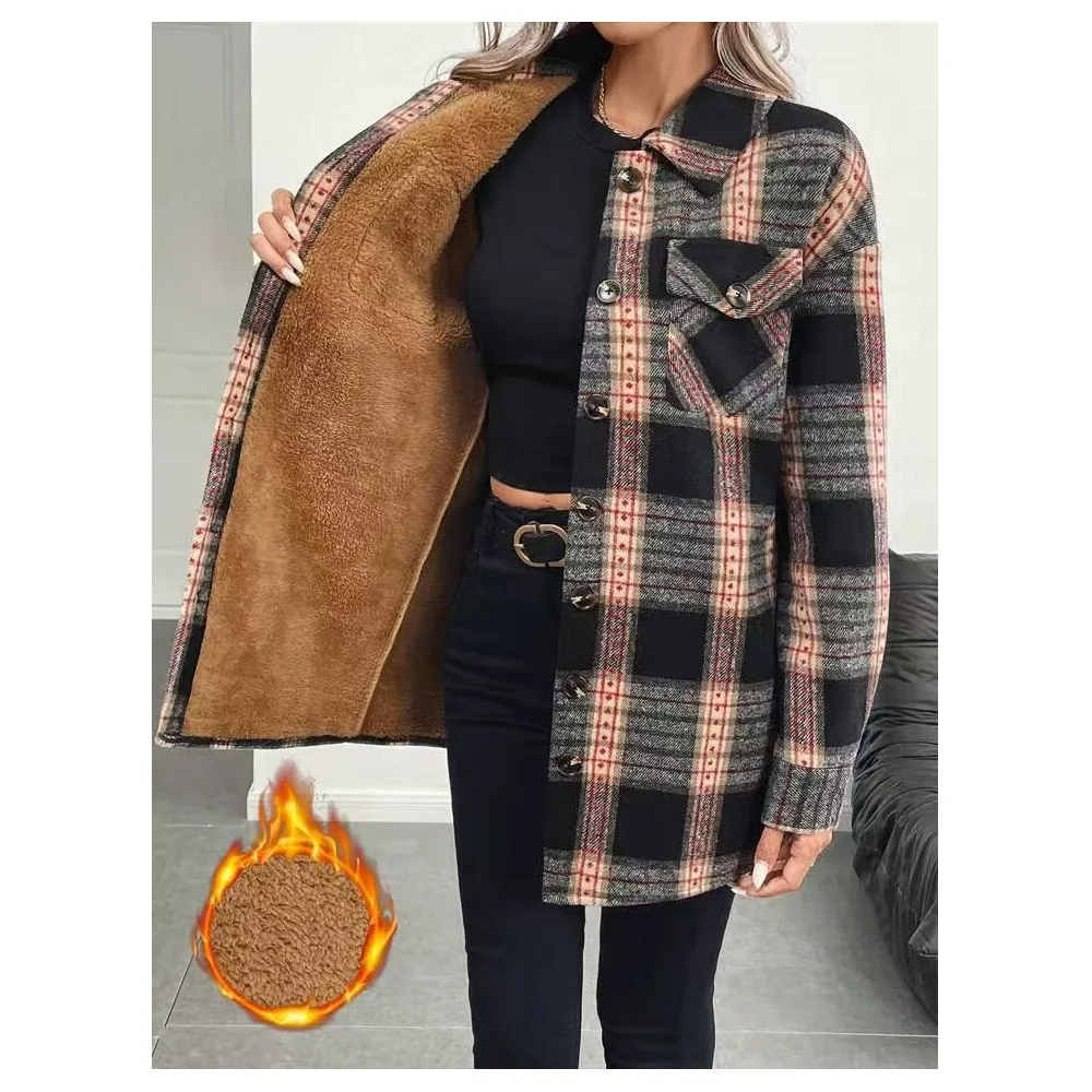 Flannel Shirt Lined - معطف نسائي أنيق للخريف والشتاء، مبطن